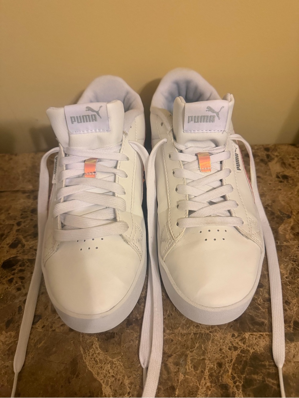 Puma White Leather Sneakers with Iridescent Lace Tabs
